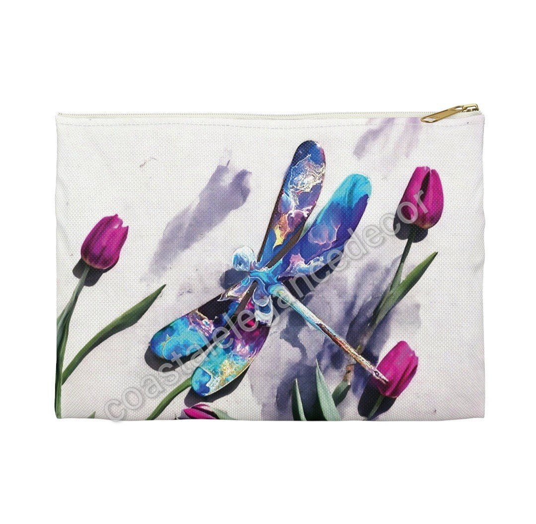 Multi-Colored Dragonfly with Pink Flowers Accessory Pouch