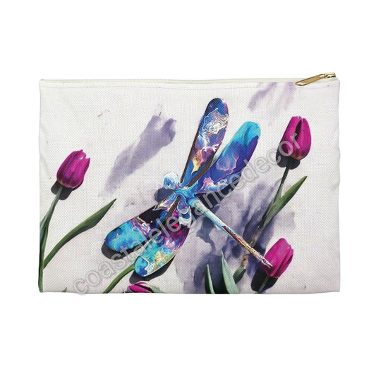 Multi-Colored Dragonfly with Pink Flowers Accessory Pouch