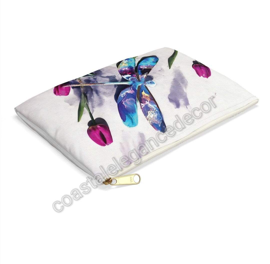 Multi-Colored Dragonfly with Pink Flowers Accessory Pouch
