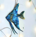 Load image into Gallery viewer, Coastal Elegance Decor handmade tropical angel fish ornament in blue resin and wood with metallic gold glitter accents.