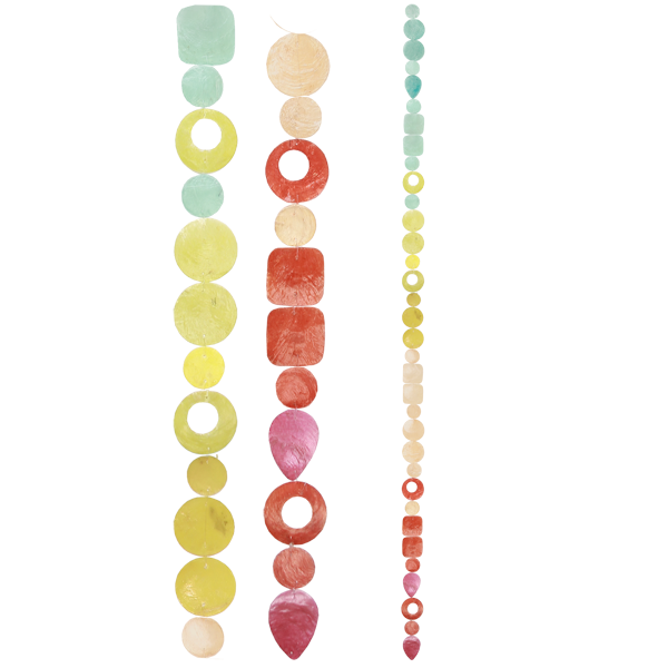 Colorful Capiz Shell Single Strand Indoor or Outdoor Decoration showcasing vibrant hues of pale blue, yellow, peach, orange, ideal for creating an artistic wall or doorway decor.