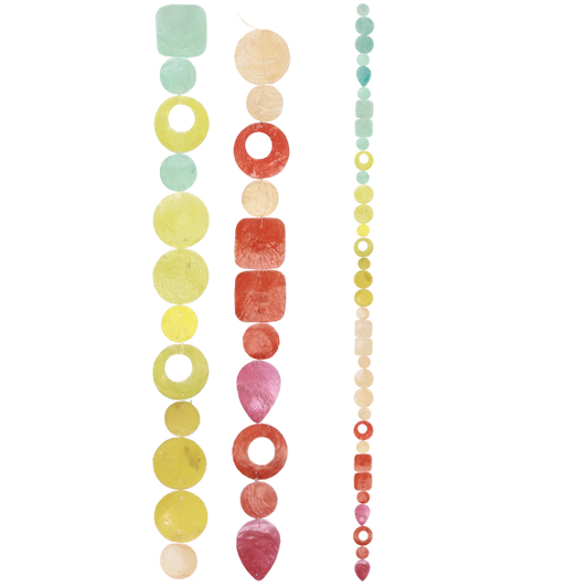Colorful Capiz Shell Single Strand Indoor or Outdoor Decoration showcasing vibrant hues of pale blue, yellow, peach, orange, ideal for creating an artistic wall or doorway decor.