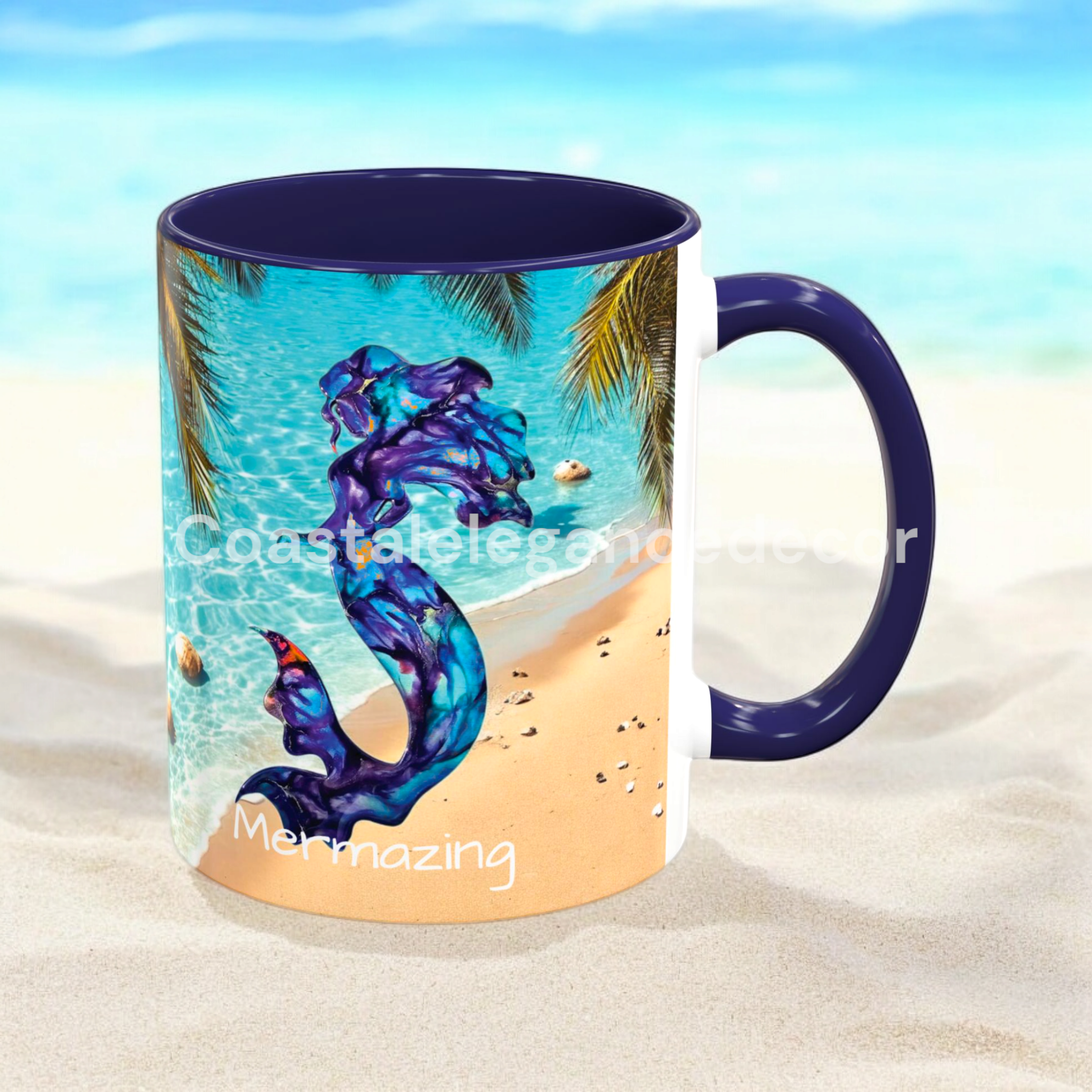 Personalized 11 Oz Mermaid Beach Coffee Mug - Customizable Ceramic Cup with Color Choices