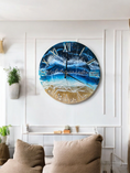Load image into Gallery viewer, Handmade 19.5 Inch Blues Beach Ocean Waves Wall Clock with Roman Numerals & Real Seashells