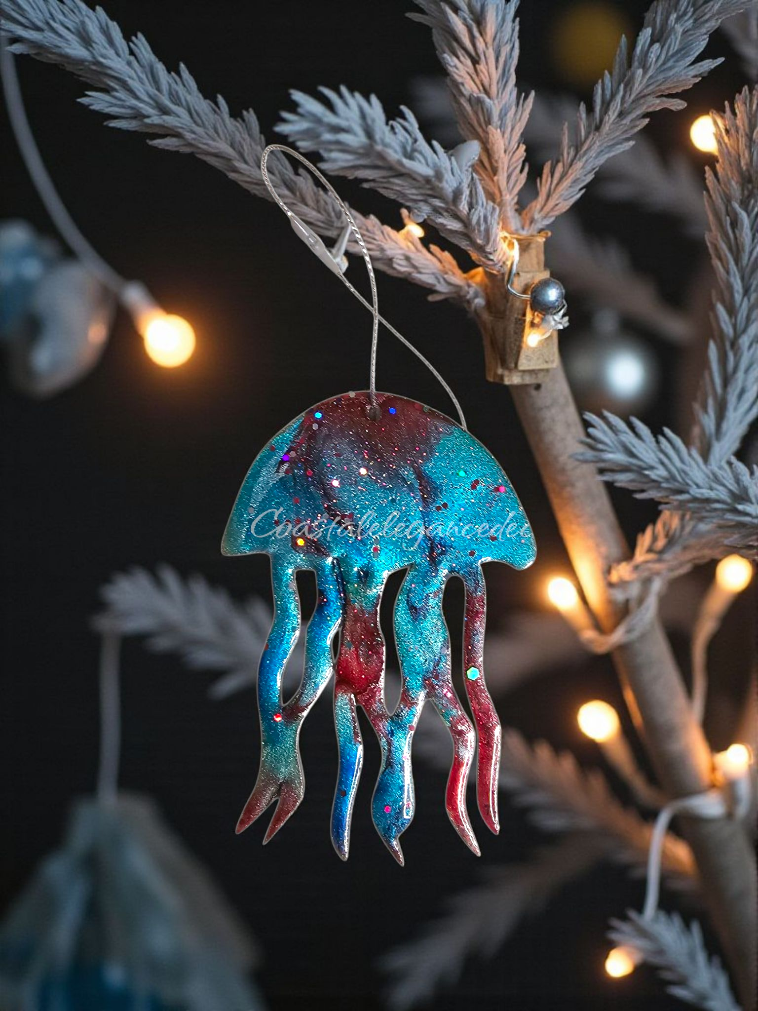 Beachy Jellyfish Handmade Christmas Tree Ornaments Resin and Wood