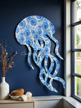 Load image into Gallery viewer, Large jellyfish weatherproof wall art indigo nautilus pattern - coastal living room decor