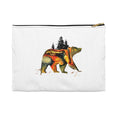 Load image into Gallery viewer, Bear with Evergreen Trees Original Art Accessory Pouch featuring a vibrant bear design with evergreen trees, perfect for organizing cosmetics or travel essentials, handmade resin on wood.