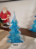 Load image into Gallery viewer, Stunning set of Shimmery Silver Blue Evergreen Wood Christmas Trees Holiday Mantelpiece in three sizes, crafted from wood and resin for a beautiful holiday display.