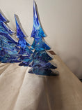 Load image into Gallery viewer, Unique Handmade Cobalt and Silvery Blue Resin Wood Christmas Trees showing patterns and swirls, perfect for Holiday Mantelpiece by Coastal Elegance Decor.