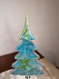 Load image into Gallery viewer, Handmade Blue Green Silver Resin Christmas Trees Holiday Mantelpiece in XL size, showcasing beautiful green and red colors with metallic accents and glitter.
