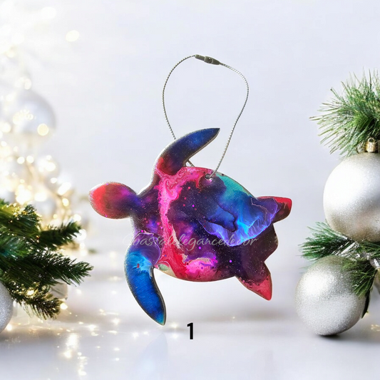 Handmade resin on wood ornament featuring a glittery sea turtle design, adding beach vibes to your Christmas tree.