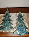 Load image into Gallery viewer, Handmade Green and Silver Resin Wood Christmas Trees Holiday Mantelpiece - Large 12 inch size, showcasing beautiful greens, silver accents, and unique designs.