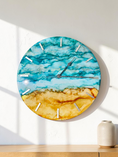 Charger l'image dans la visionneuse de la galerie, Handmade 18" Abstract Coastal Wall Clock – Teal & Caramel Alcohol Ink Art with White Pearl Acrylic Ticks & Silent Sweep