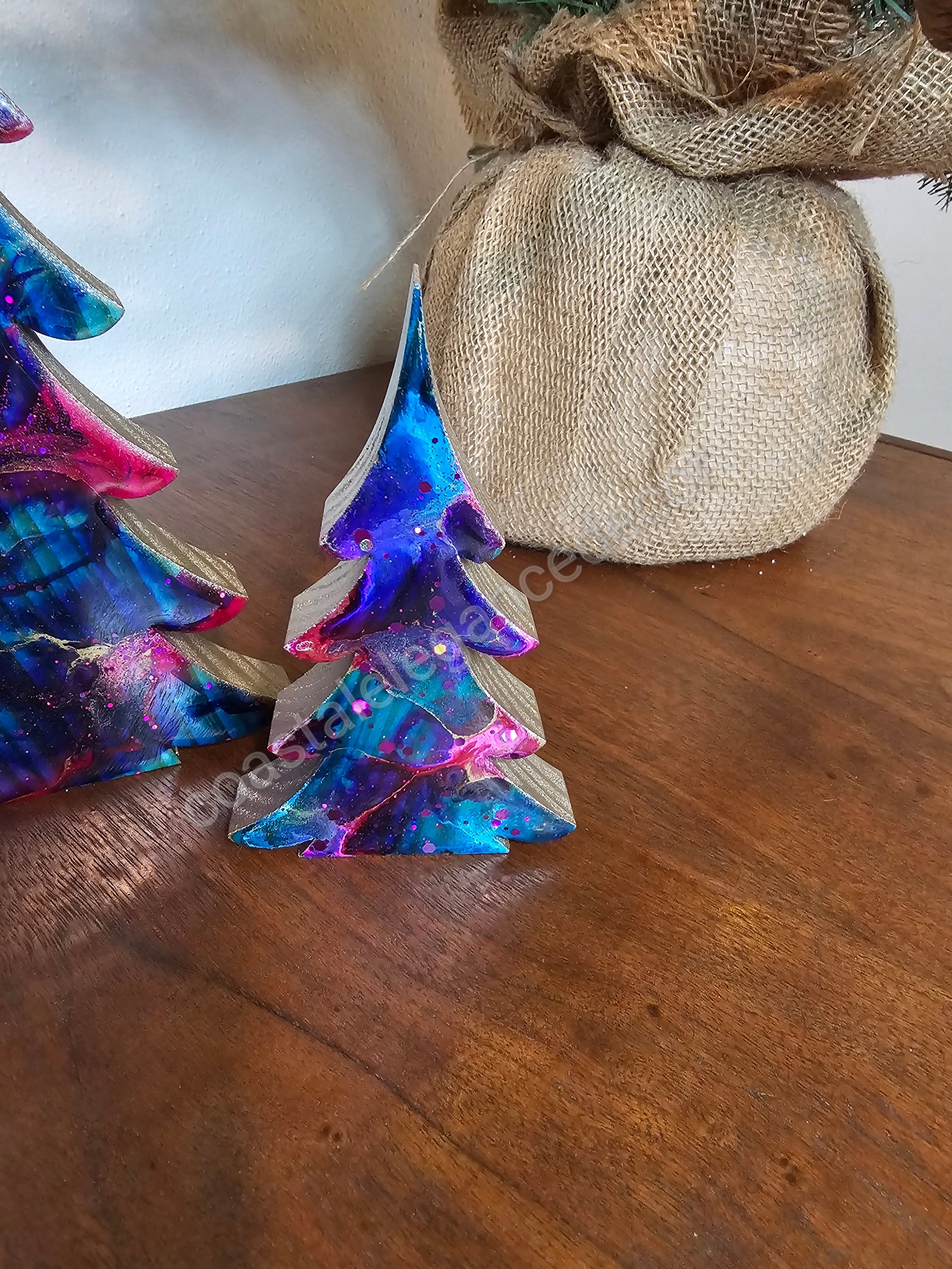 Handmade Pink Blue Resin Christmas Trees with Gold Accents - 8" & 5" Tabletop Holiday Decor