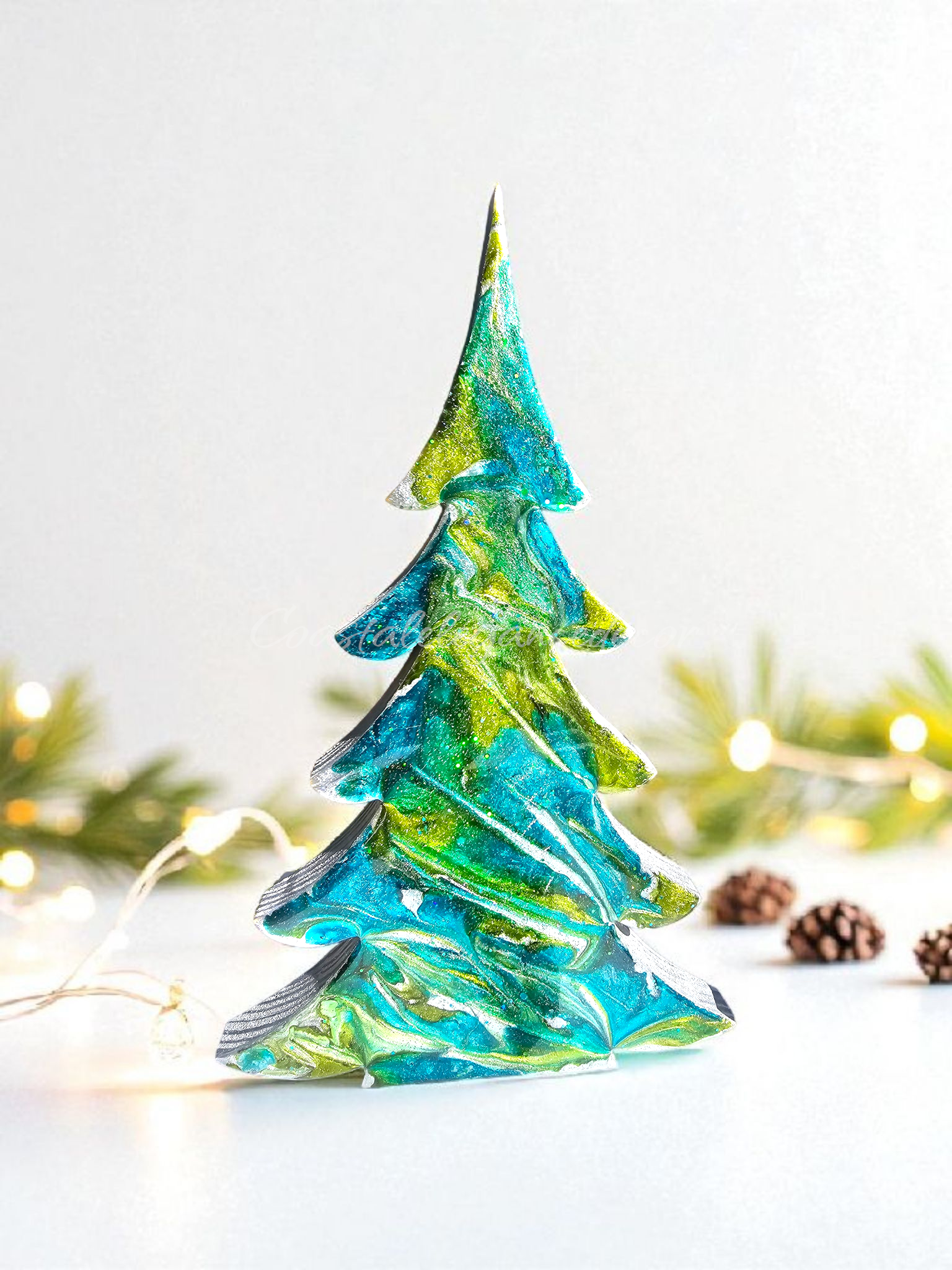 Handcrafted Gemtone Blue and Green Tabletop Christmas Trees with Shimmer Multiple Sizes