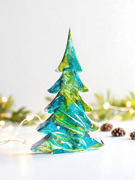 Handcrafted Gemtone Blue and Green Tabletop Christmas Trees with Shimmer Multiple Sizes