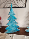 Load image into Gallery viewer, Charming Shimmery Silver Blue Evergreen Wood Christmas Trees in 15", 12", and 8" sizes, ideal for festive shelf decorations.