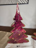 Load image into Gallery viewer, Handmade Cranberry Burgundy and Gold Wood Christmas Trees Holiday Shelf Sitter beautifully displayed on a mantel, showcasing unique patterns and metallic accents.