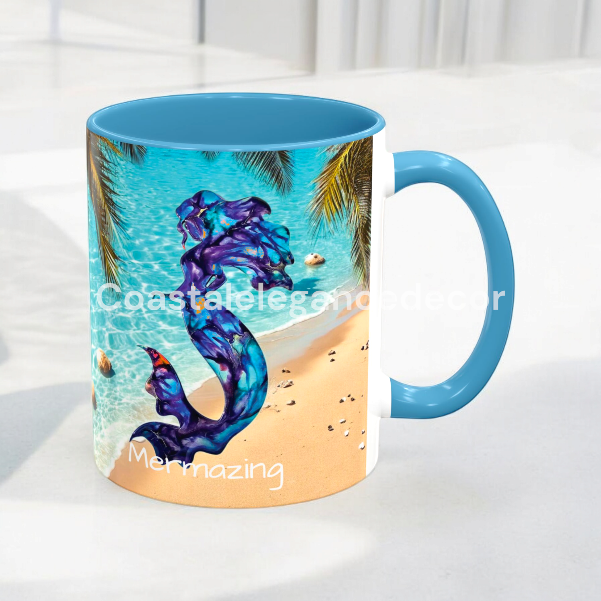 Personalized 11 Oz Mermaid Beach Coffee Mug - Customizable Ceramic Cup with Color Choices