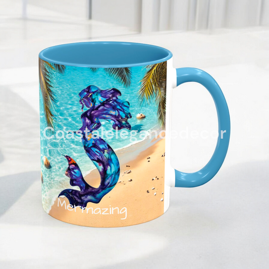 Personalized 11 Oz Mermaid Beach Coffee Mug - Customizable Ceramic Cup with Color Choices