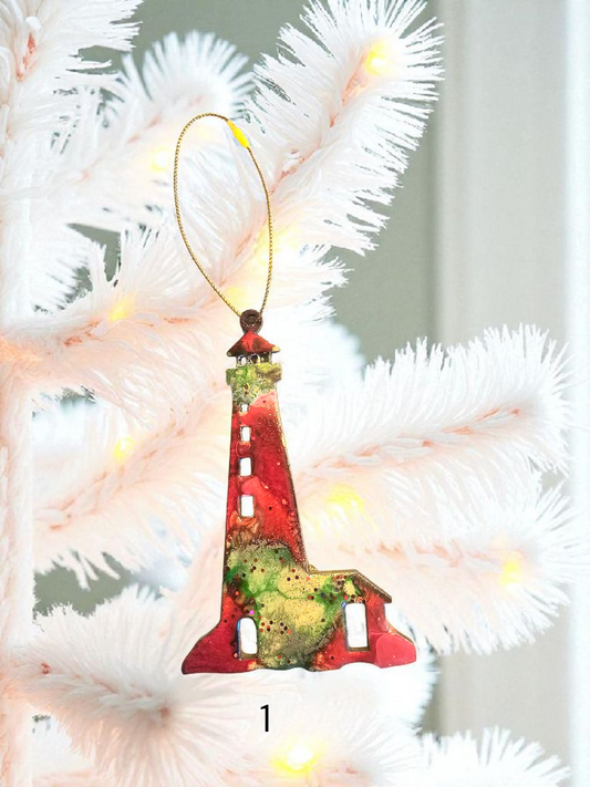 Coastal Lighthouse Resin and Wood Handmade Holiday Tree Ornaments