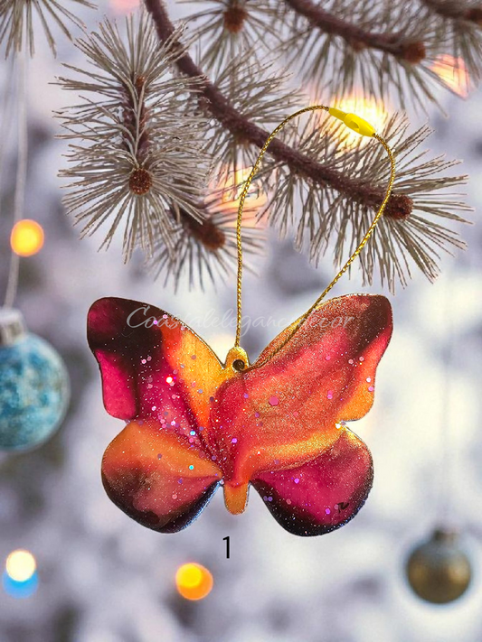 Handmade Butterfly Christmas Tree Resin on Wood Ornaments Multi Colors