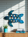 Load image into Gallery viewer, Beautiful Blue & Turquoise Shimmer Handmade Sea Turtle Wall Decoration by Coastal Elegance Decor, showcasing a shimmering sea turtle that enhances any beach-inspired decor with its artistic flair.