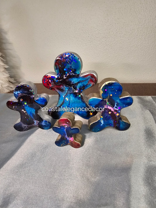 Handmade Chunky Wood Gingerbread Men Decorations with Resin Accents in Blue and Pink - 3 Sizes
