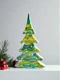 Load image into Gallery viewer, Bright Greens and Silver Shimmer Resin Mantelpiece Unique Christmas Tree 12 Inch, handcrafted with gemtone green and blue-green accents, perfect for holiday decor.
