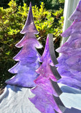 Load image into Gallery viewer, Shimmery Silver Lavender and Pink Christmas Trees with Branches Holiday Mantelpiece in three sizes, showcasing unique handcrafted designs with light purple, pink, and glitter for festive decor.