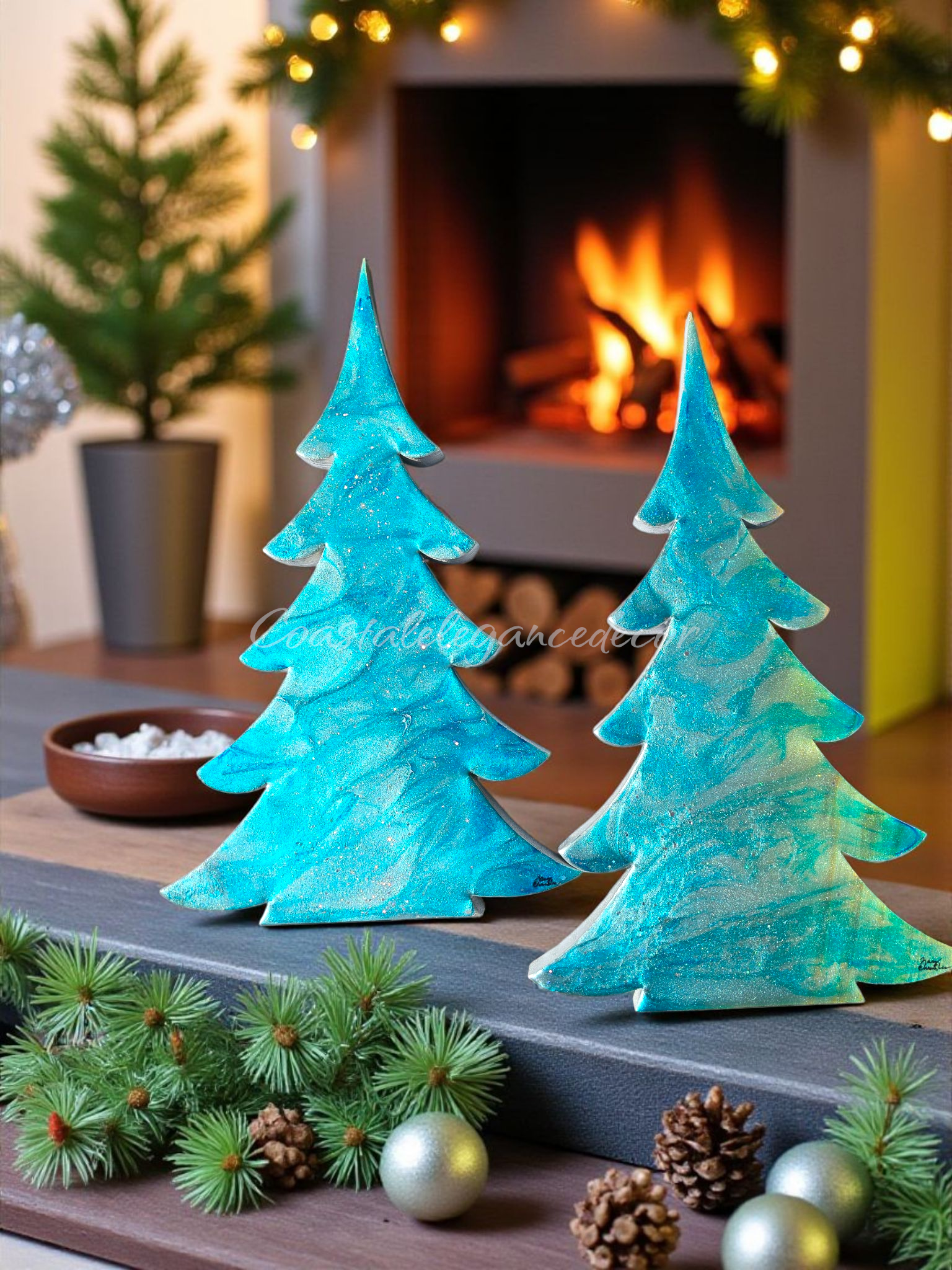 Shimmery Silver Blue Evergreen Wood Christmas Trees Holiday Mantelpiece 3 Sizes