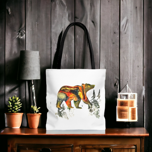 Handmade Bear Print with Faded Fir Trees on Tote Bag (AOP)
