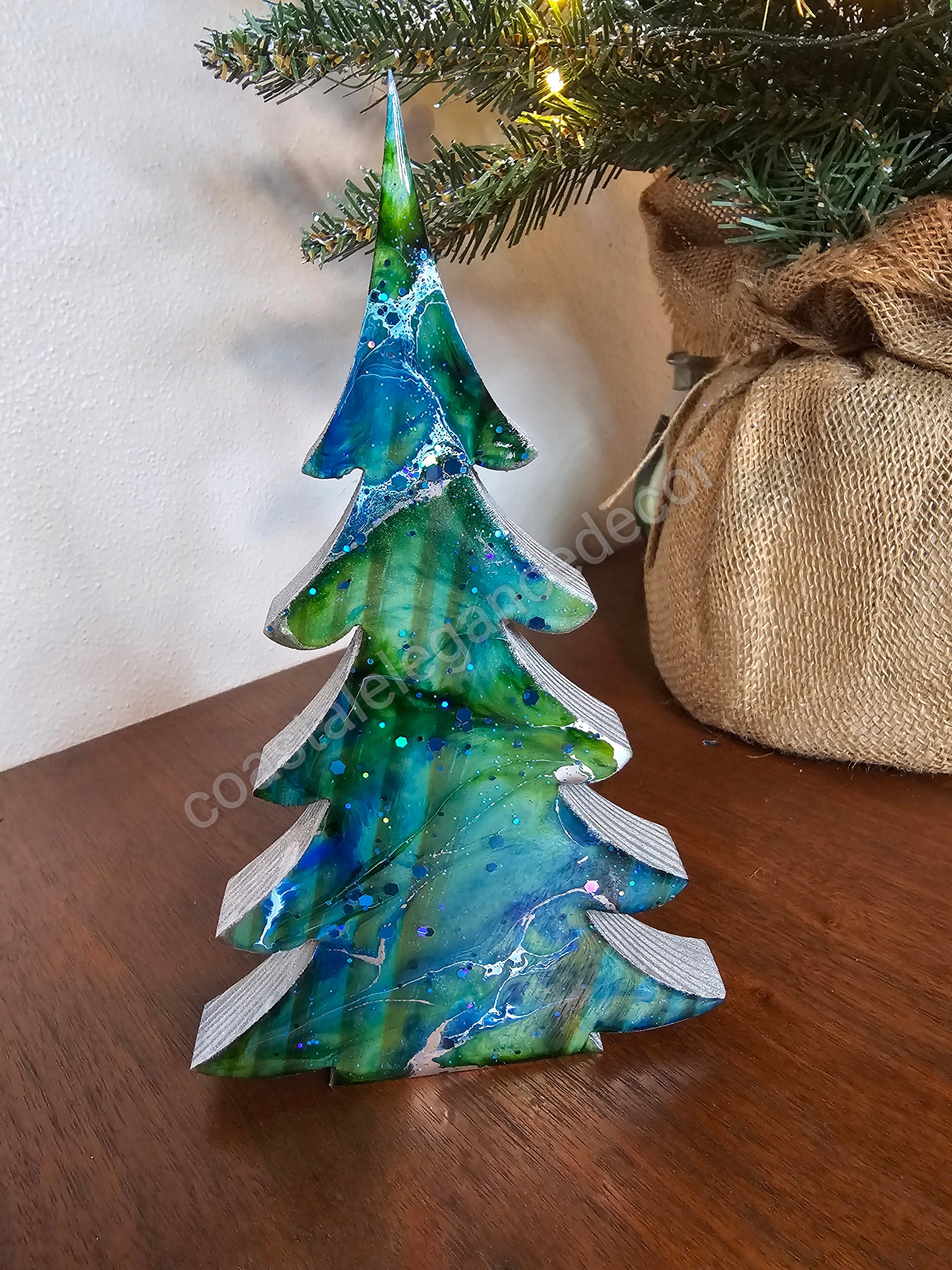 Handmade Chunky Wood Christmas Trees with Resin Accents, Holiday Tabletop Decoration, 8" & 5"