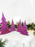Load image into Gallery viewer, Hot Pink Silver Evergreen Christmas Trees Mantel Sitter Holiday Tabletop Decoration 3 Sizes