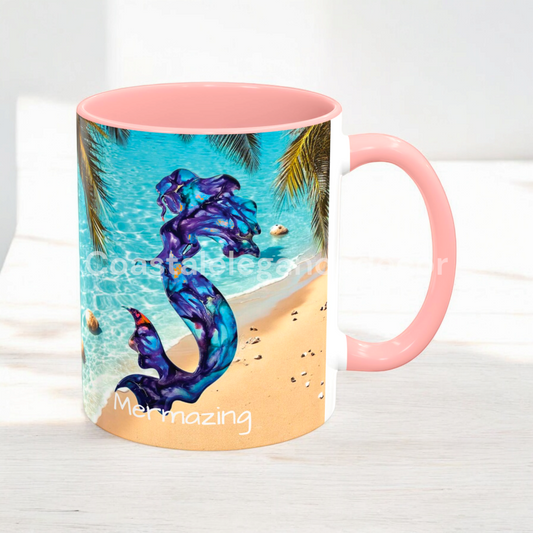 Personalized 11 Oz Mermaid Beach Coffee Mug - Customizable Ceramic Cup with Color Choices