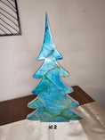 Load image into Gallery viewer, Handmade Blue Green Silver Resin Christmas Trees Holiday Mantelpiece in Lg size, elegantly crafted with unique patterns and swirls, perfect for festive decor.