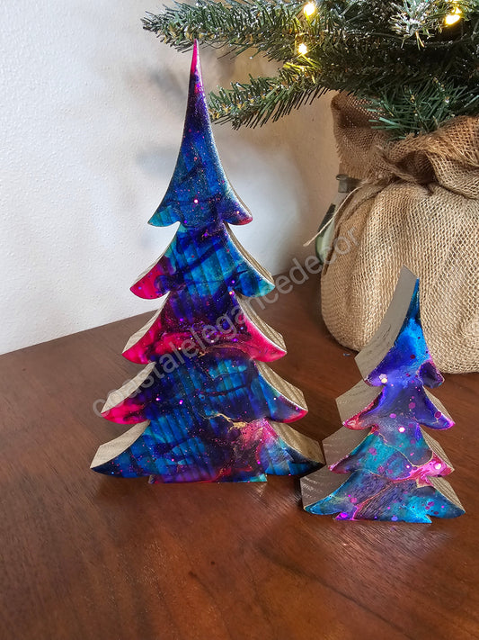 Handmade Pink Blue Resin Christmas Trees with Gold Accents - 8" & 5" Tabletop Holiday Decor