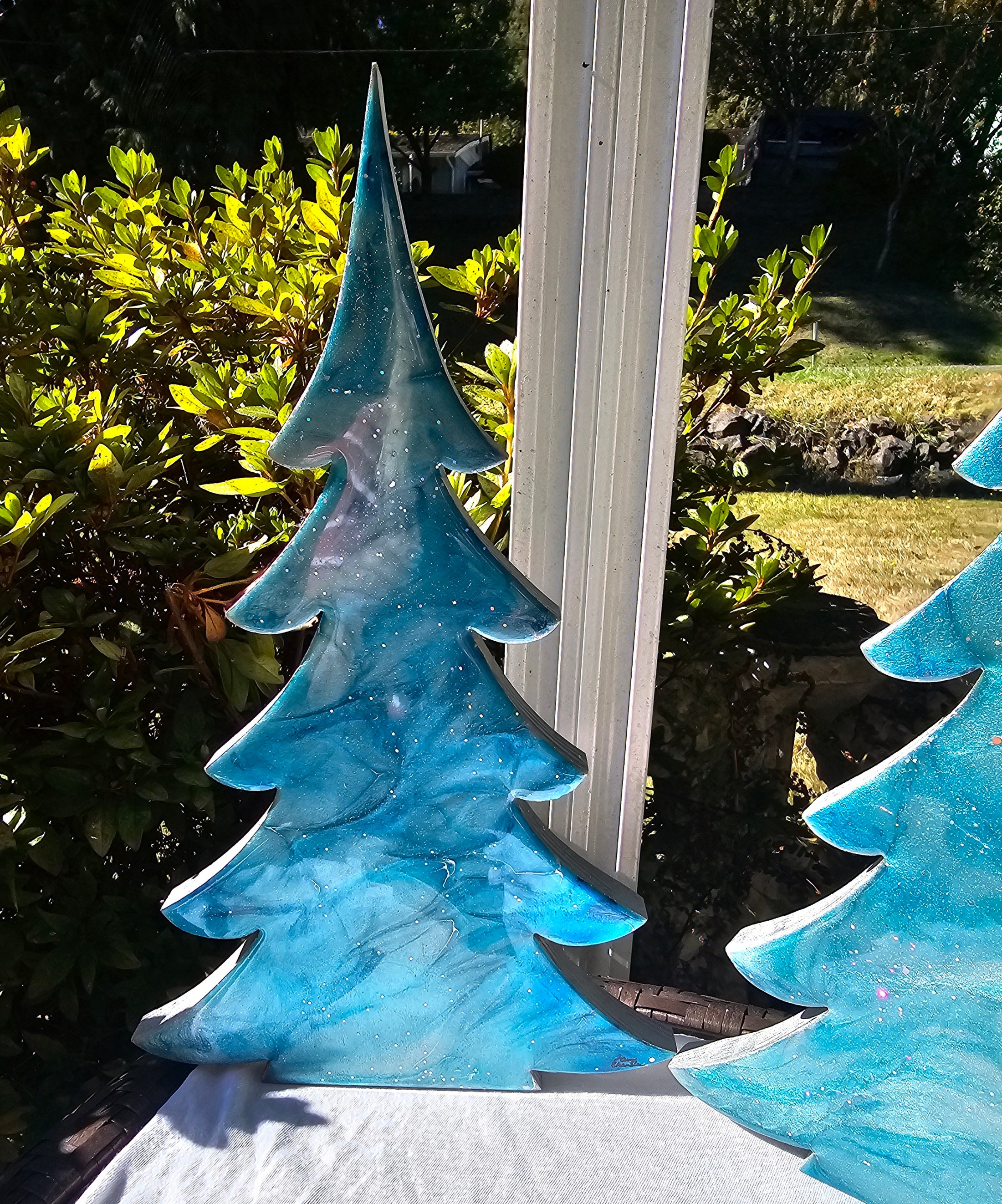 Shimmery Silver Blue Evergreen Wood Christmas Trees Holiday Mantelpiece 3 Sizes