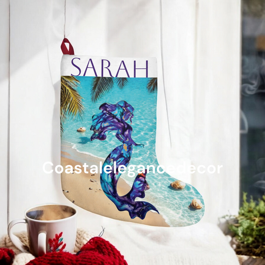 Personalized Large Christmas Stocking - Beach Mermaid Design for Coastal Holiday Decor