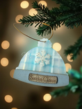 Load image into Gallery viewer, Personalized Light Blue and Holographic Gold Plaid Winter Beanie Hat Ornament With Custom Leather Name Patch