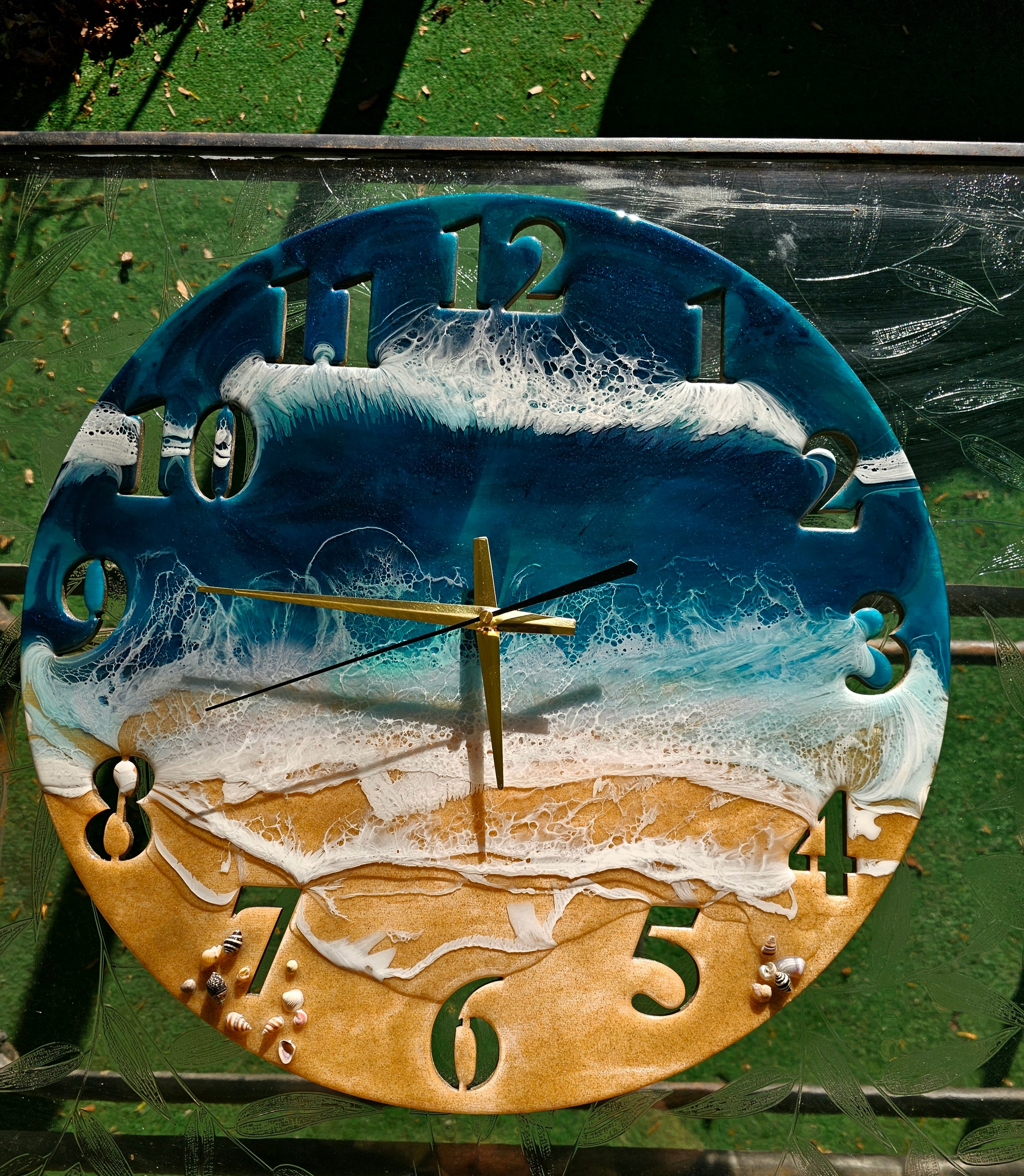 Handmade 19.5'' Beach Ocean Waves Wall Clock - Teal with Real Sand & Seashells
