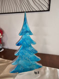 Load image into Gallery viewer, Shimmery Silver Blue Evergreen Wood Christmas Trees Holiday Mantelpiece in 15-inch size beautifully handcrafted with resin and wood, perfect for festive decor.