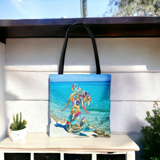 Printed Original Art Mermaid on a Tropical Beach Tote Bag 3 sizes