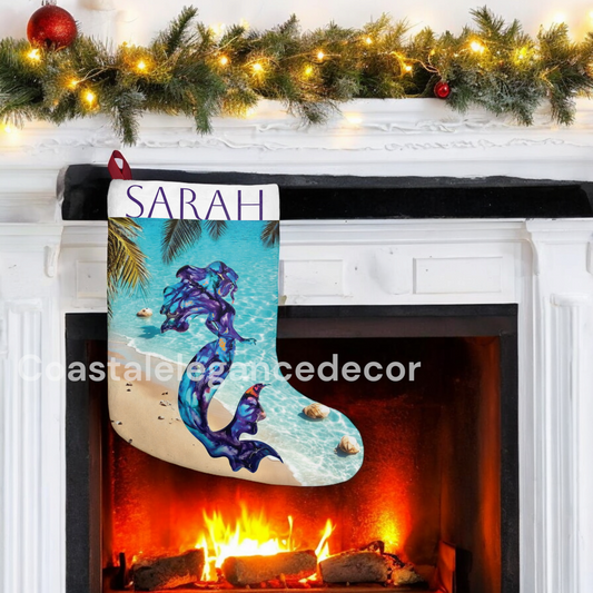 Personalized Large Christmas Stocking - Beach Mermaid Design for Coastal Holiday Decor