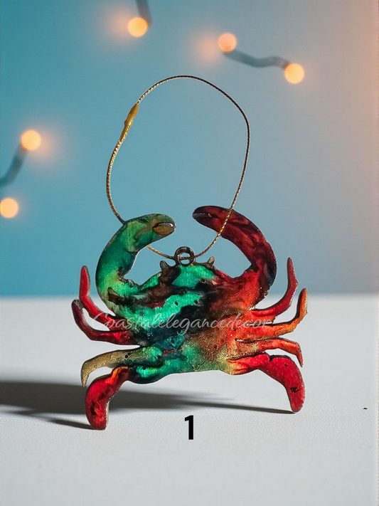 Colorful Sparkly Small Crab Beachy Christmas Resin and Wood Ornament