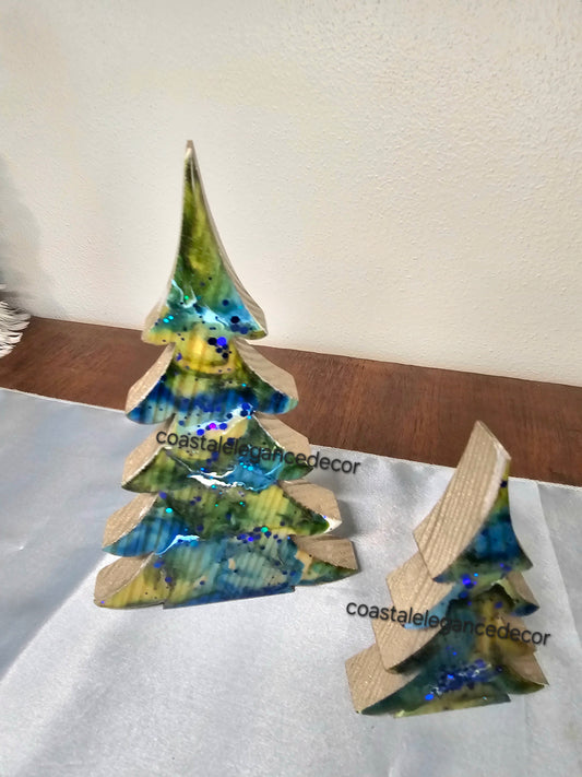 Handcrafted Blue Green Gold Christmas Trees Tabletop Decor - Chunky Wood & Resin Art - 8" & 5"