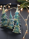 Load image into Gallery viewer, Handmade Green and Silver Resin Wood Christmas Trees Holiday Mantelpiece - XL 15 inch size, featuring unique patterns and sparkly glitter finishes.