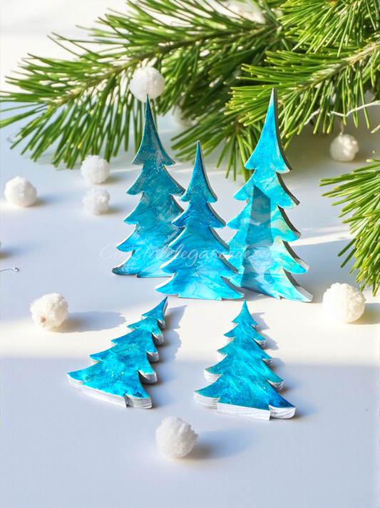 Shimmery Silver Blue Evergreen Wood Christmas Trees Holiday Mantelpiece 3 Sizes