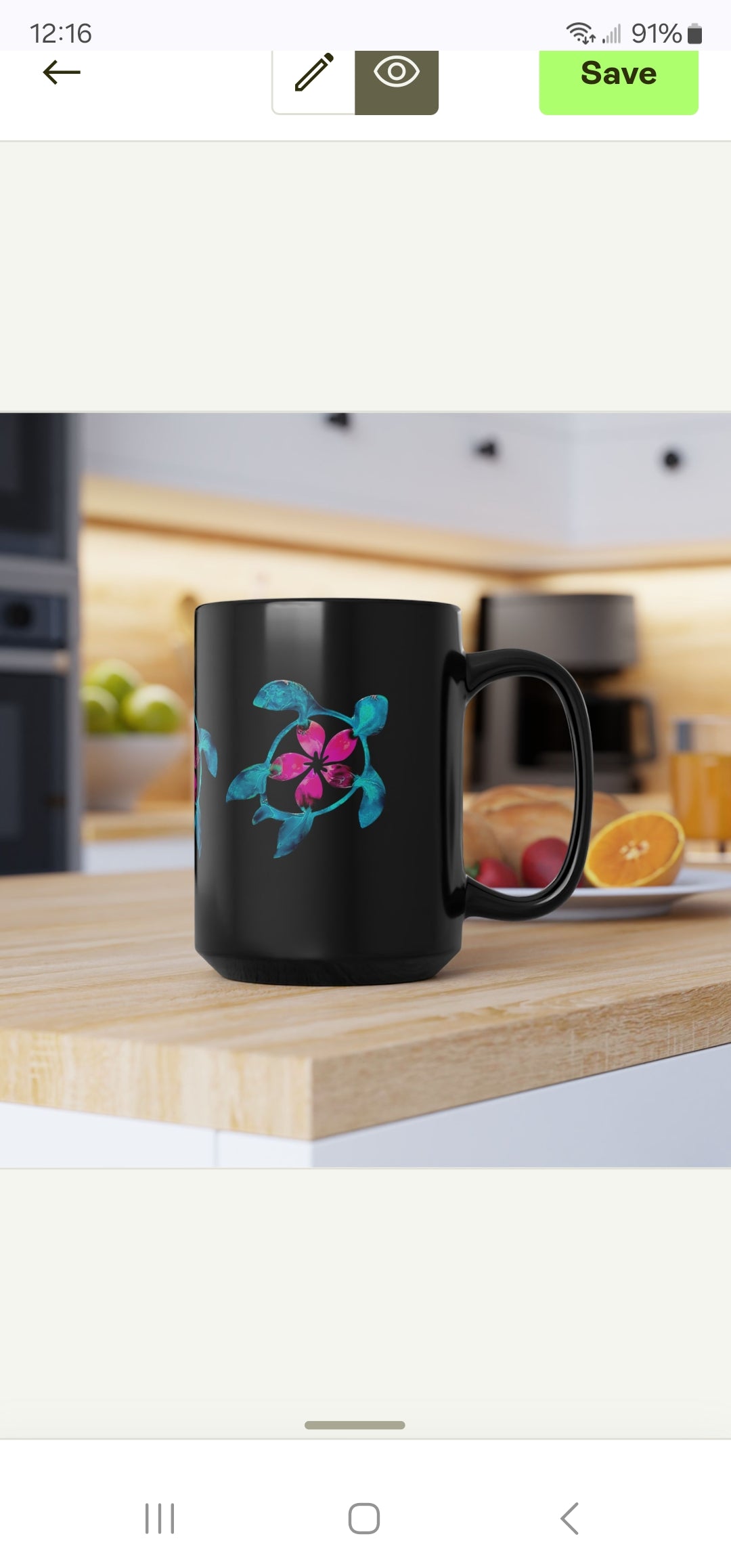 Polynesian Original Art Turtle with Flower Black Coffee Cup Mug 2 Sizes