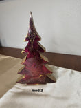 Load image into Gallery viewer, Close-up of the Handmade Cranberry Burgundy and Gold Wood Christmas Trees Holiday Shelf Sitter, featuring detailed craftsmanship and glitter highlights.